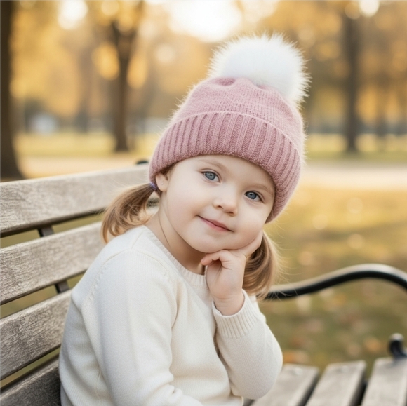 Children’s Place ✦ Fuzzy Pom Pom Beanie ✦ Pink Winter Hat Kids 4–7 Years NWT - Picture 2 of 5